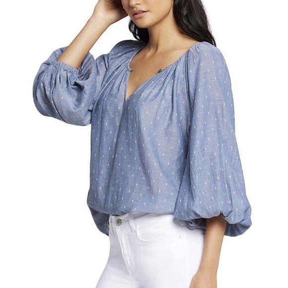 Current Elliott Seaside Swiss Dot Chambray Top Womens Blue Medium Cotton Blouse - Picture 1 of 7